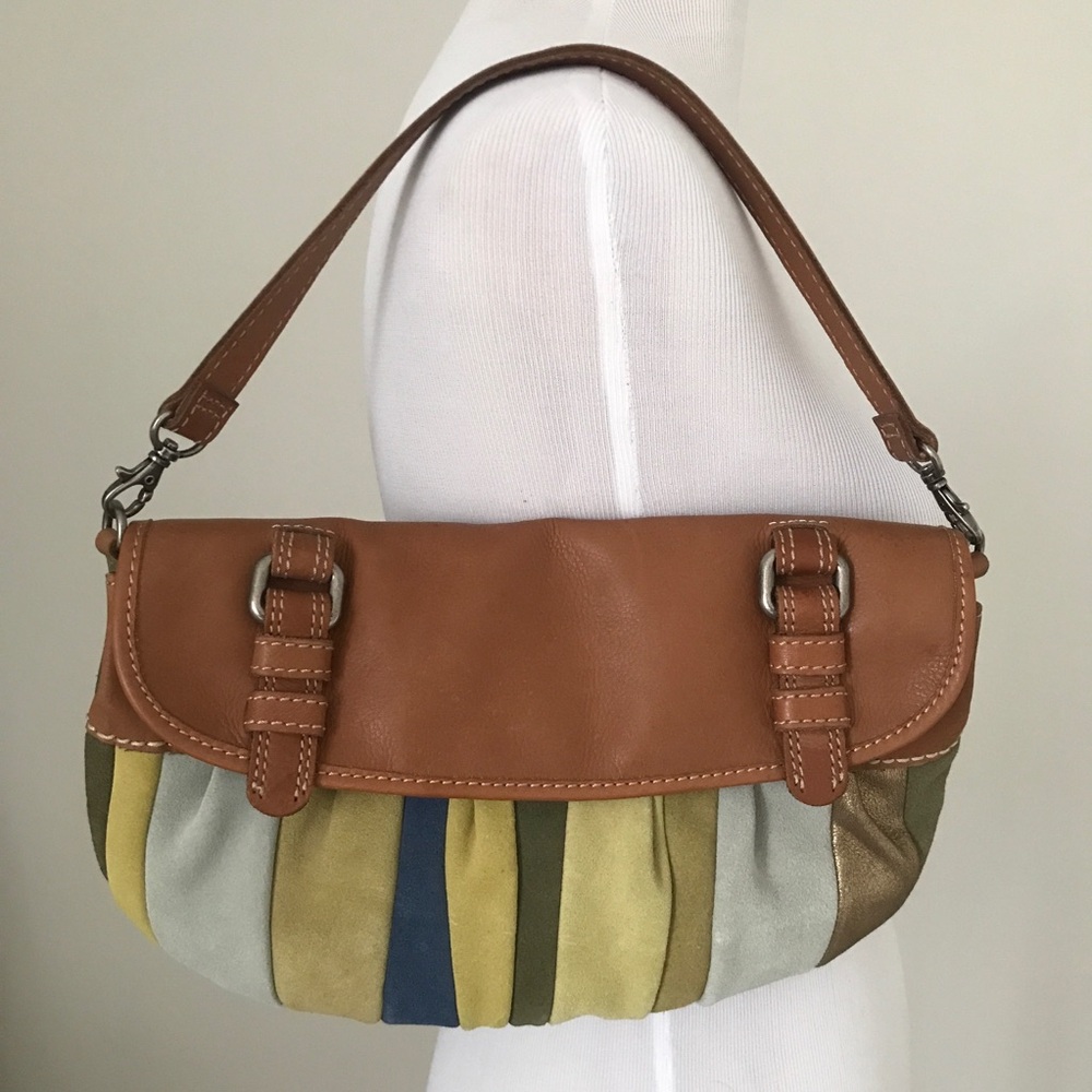 Fossil Hobo Bag / Clutch, Tan Blue Green Metallic Leather & Suede Handbag Purse